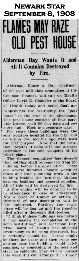 Flames May Raze Old Pest House
September 8, 1908
Newark Star
