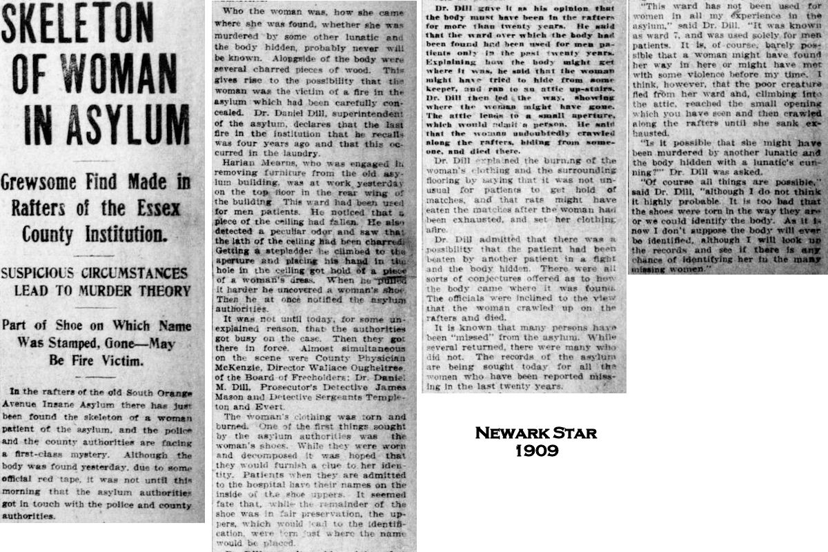 Skeleton of Woman in Asyum
Newark Star 
November 19, 1909
