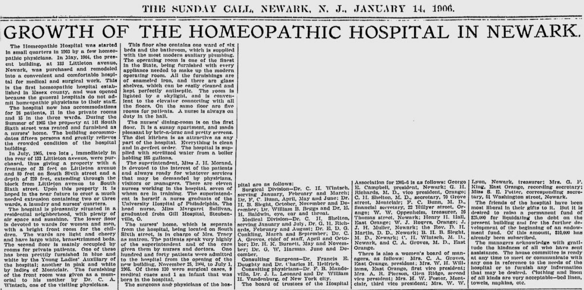 Growth of the Homeopathic Hospital in Newark
1906
