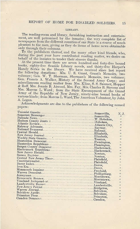 Page 15
22nd Annual Report of the NJ Home for Disabled Soldiers 1887
Click on image to enlarge
